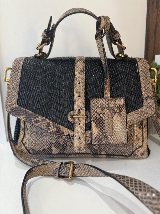 Tory Burch Handbags - Tory Burch Black Woven and Snake-Print Brown Top Handle Shoulder Bag